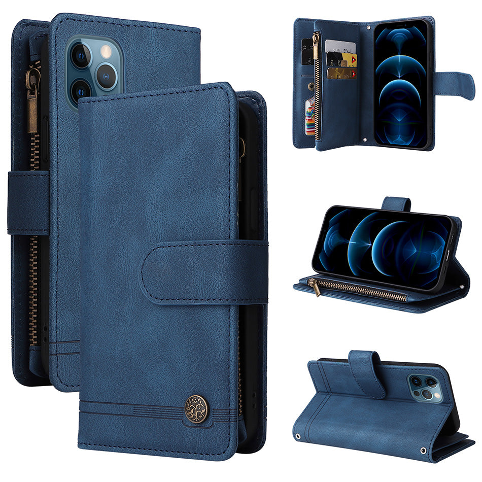Premium Retro Flip Leather iPhone Case – Zipper Wallet, Multi-Card Slots, Necklace Lanyard, Magnetic Closure, Shockproof Protection for iPhone