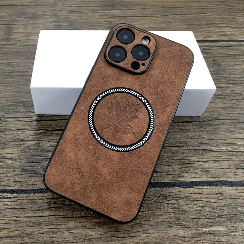 Premium Retro Leather Maple Leaf iPhone Case – MagSafe Charging, Stylish & Durable Full Protection Cover | Case for iPhone