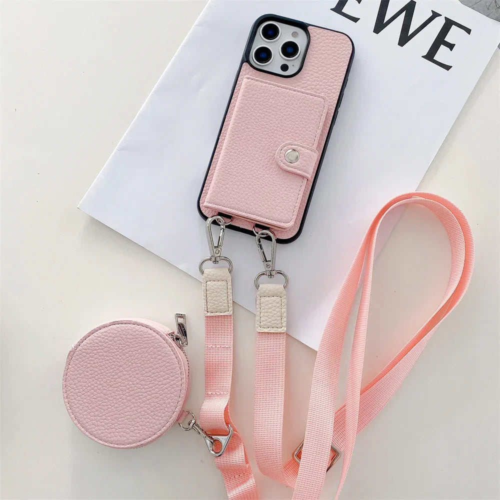 Luxury Crossbody Wallet iPhone Case – Card Slot, Coin Purse, Leather Lanyard, Protective & Stylish Cover | Case for iPhone