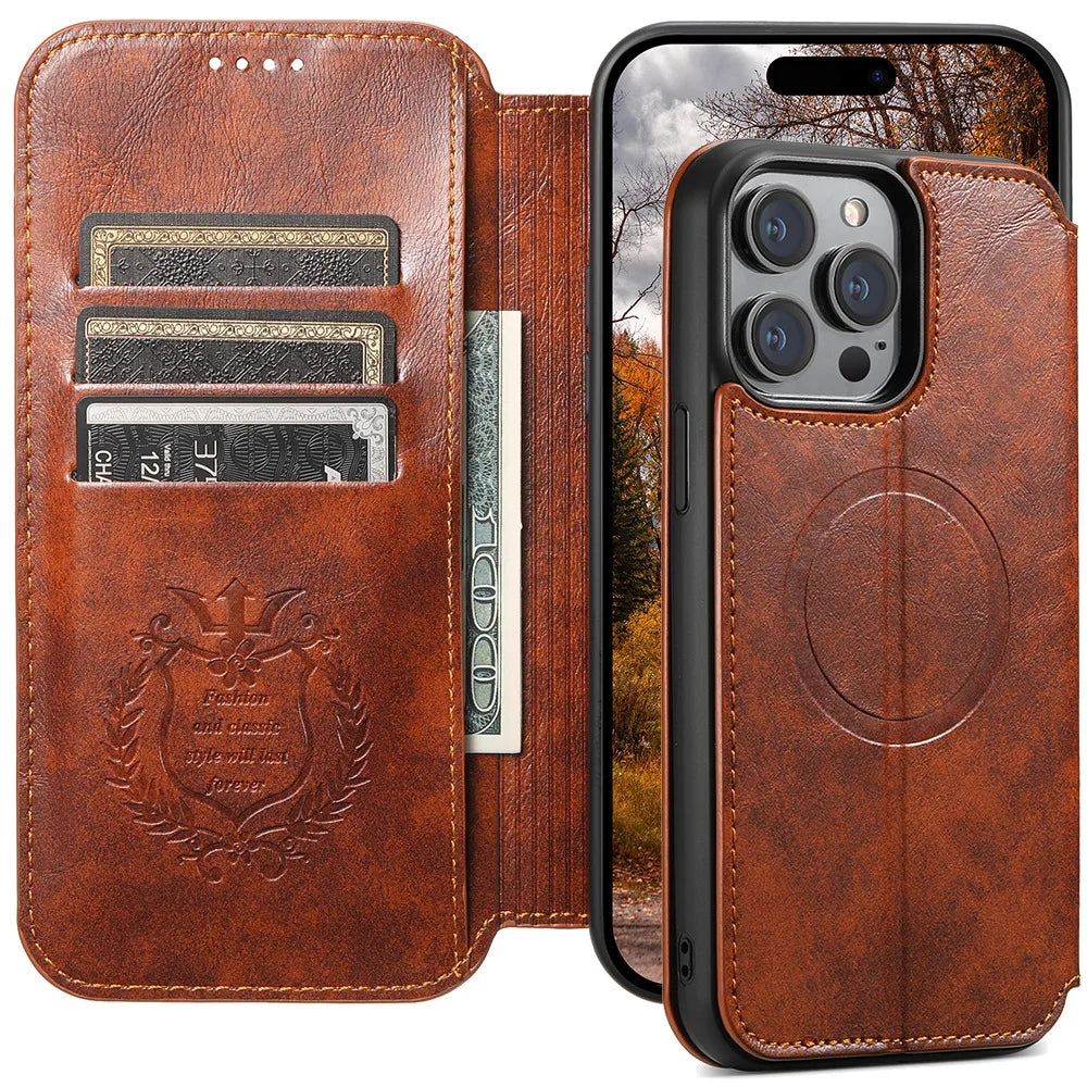 Luxury Leather Magnetic Flip iPhone Case – MagSafe Wallet Card Holder, Wireless Charging Compatible, Shockproof Protection, Elegant Design for iPhone Models