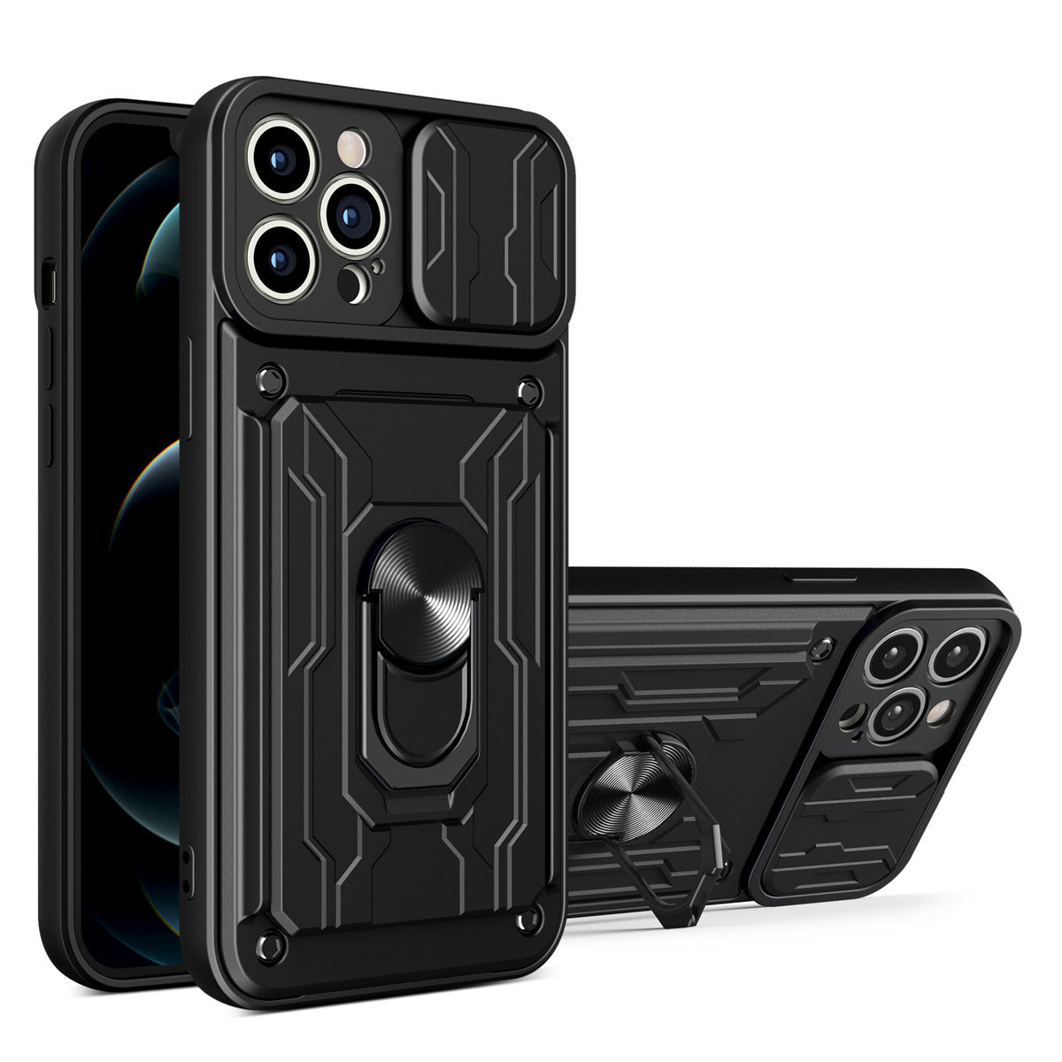 Hidden Slide Card Slot iPhone Case – Lens Protection, Magnetic Ring Stand, Shockproof Cover for iPhone Models
