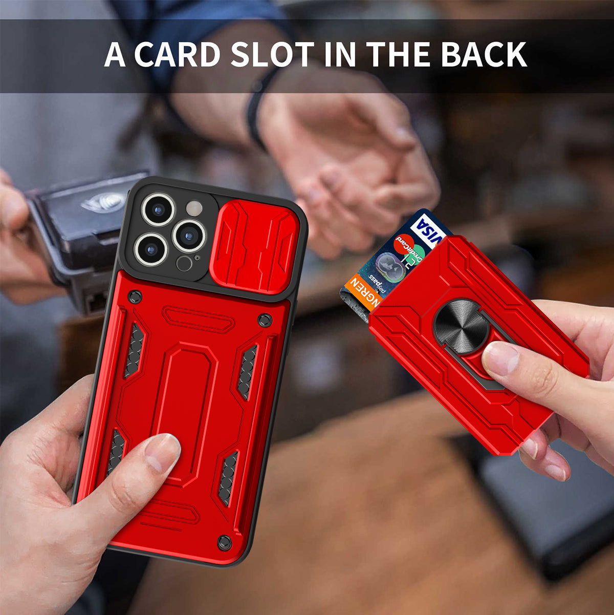Hidden Slide Card Slot iPhone Case – Lens Protection, Magnetic Ring Stand, Shockproof Cover for iPhone Models
