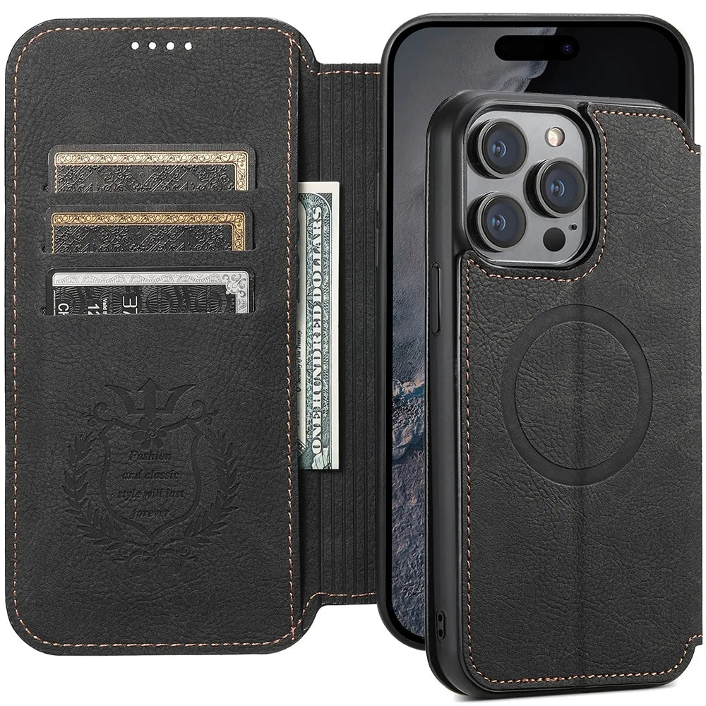 Luxury Leather Magnetic Flip iPhone Case – MagSafe Wallet Card Holder, Wireless Charging Compatible, Shockproof Protection, Elegant Design for iPhone Models